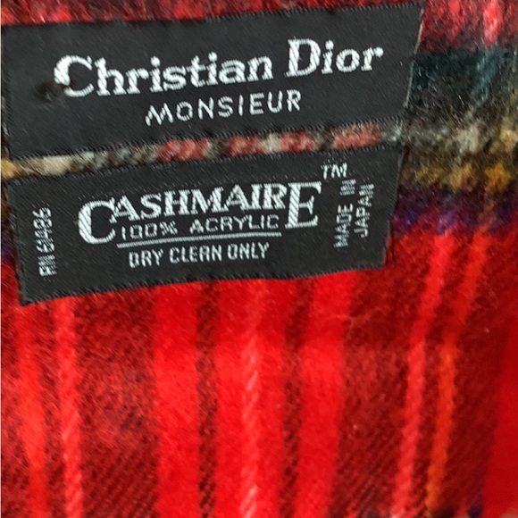 CHRISTIAN DIOR VINTAGE RED BLACK PLAID CLASSIC SCARF 10X48 INCHES WITH FRINGE. - Picture 3 of 4